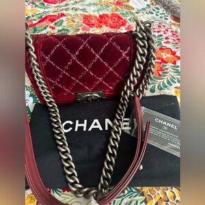 Chanel burgundy velvet boy flap AUTHENTIC with her card!